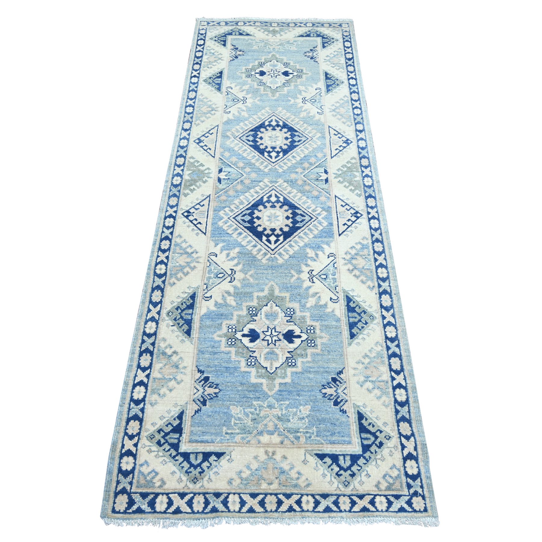2'7"x7'8" Maya Blue, Vintage Look Kazak with Geometric Medallions, Hand Knotted, 100% Wool, Natural Dyes, Runner, Oriental Rug 